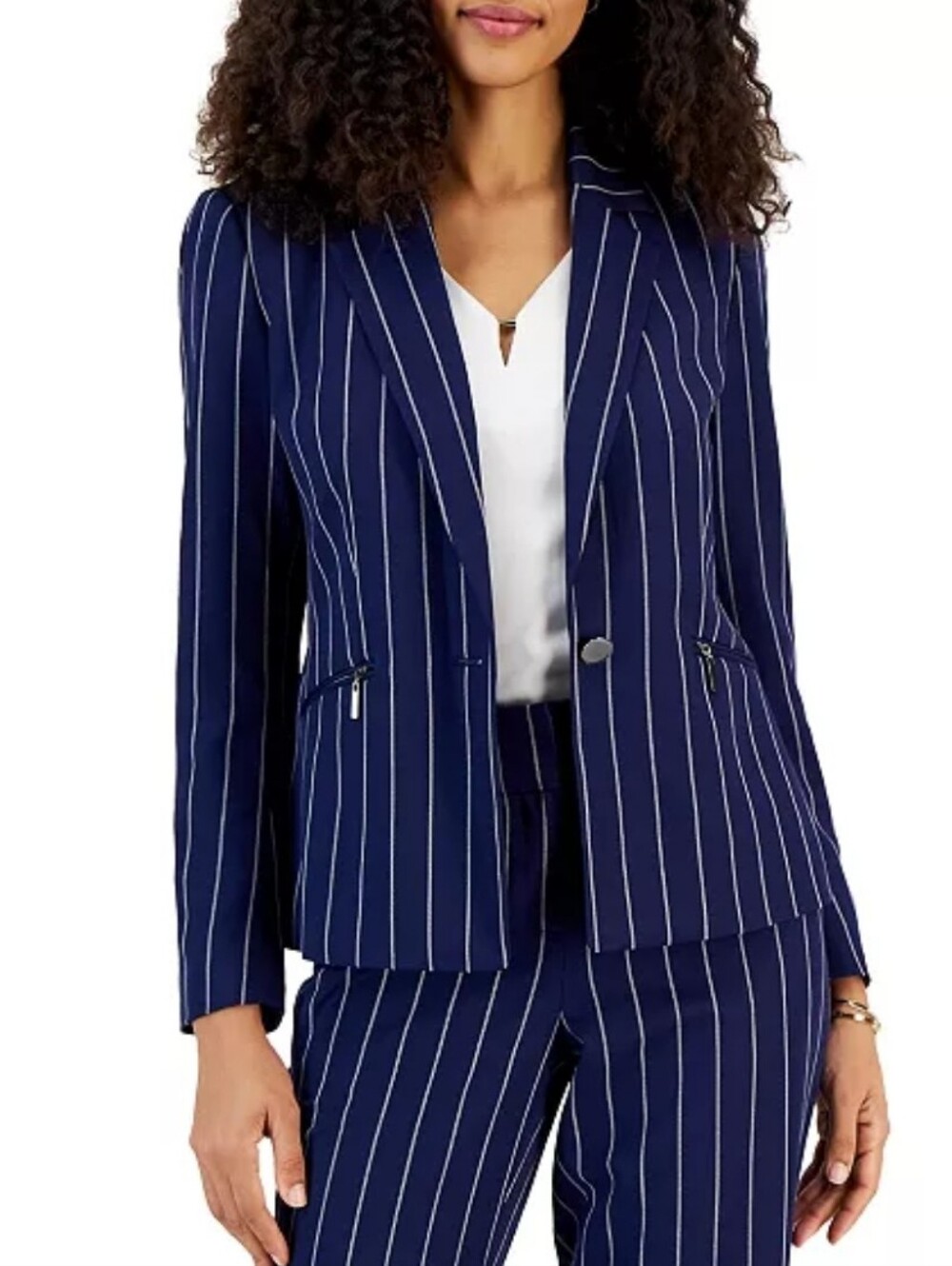 NWT Kasper Pinstripe Zip Pocket Blazer Jacket Single Button Blue White Stripe 16